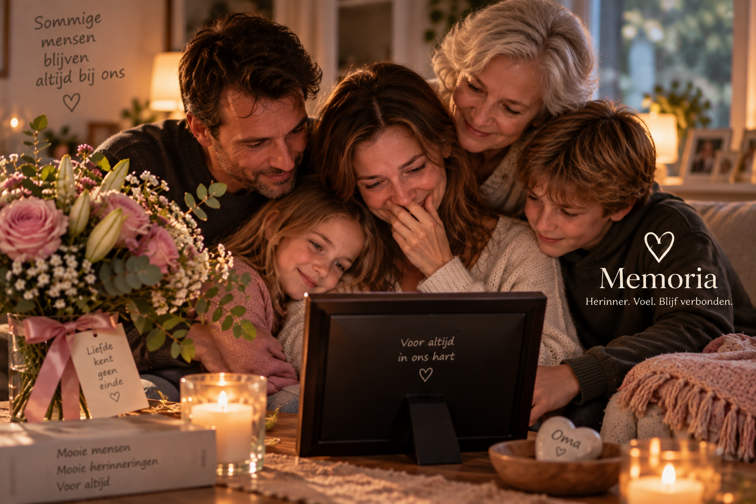 Een familie die samen herinneringen deelt rond een digitale fotolijst