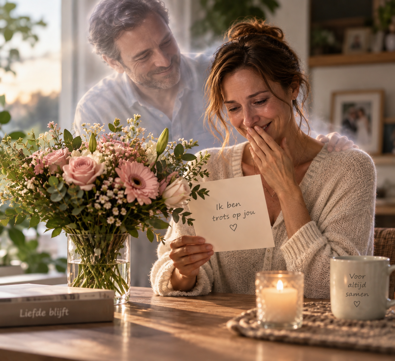 Een vrouw die ontroerd een boeket bloemen en een persoonlijke kaart ontvangt